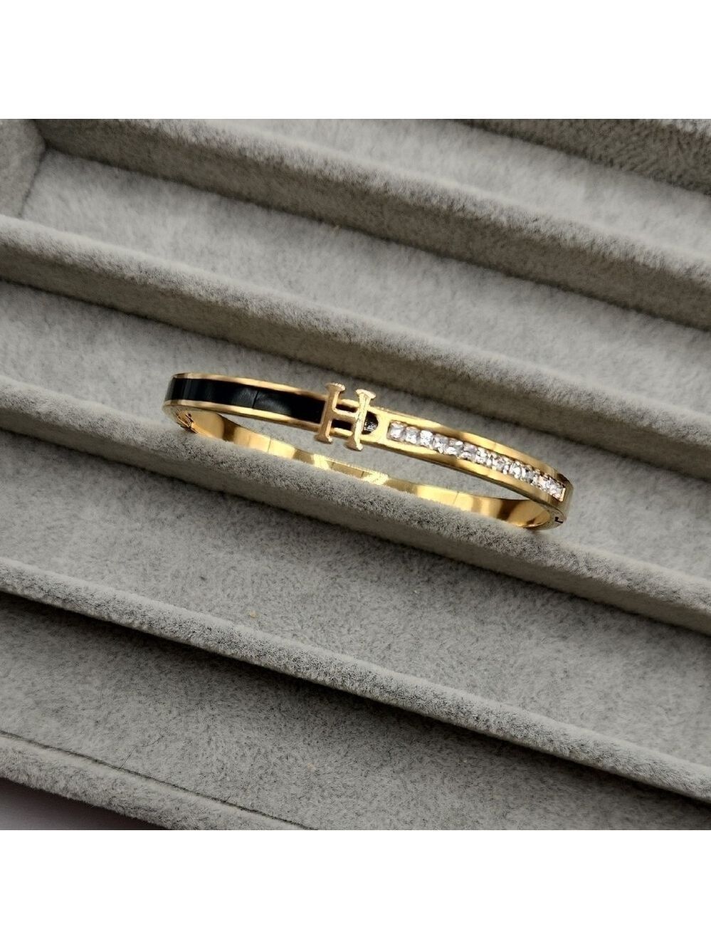 18k Gold Plated Stainless Steel Bangle, Simulated Diamond, Black Accents, H